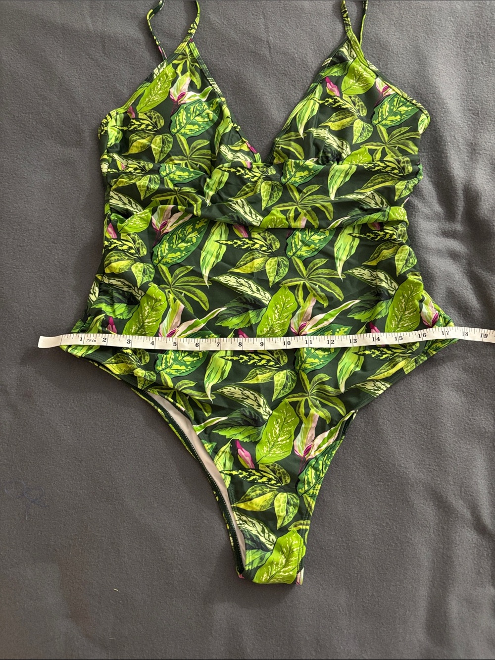 XXL Tropical Leaf Print One Piece Swimsuit Ruched V Neck Adjustable Straps - Picture 3 of 6